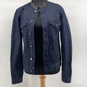 THE Kooples dark denim jean jacket with leather collar and pockets sz xs